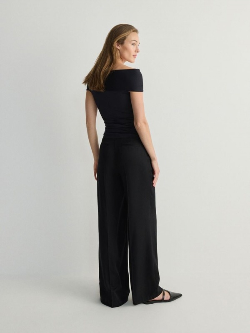 Black Reserved Wide Leg Lyocell Women's Trousers | QLWF-31574