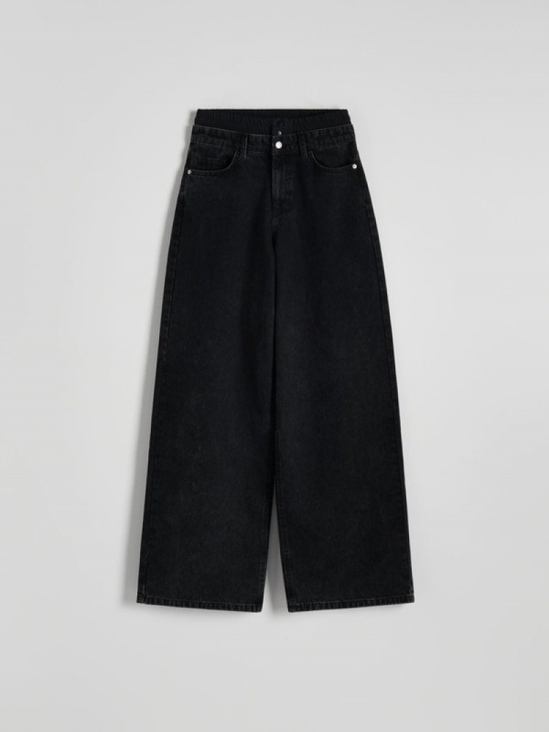 Black Reserved Wide Leg Women's Jeans | VQWA-60247