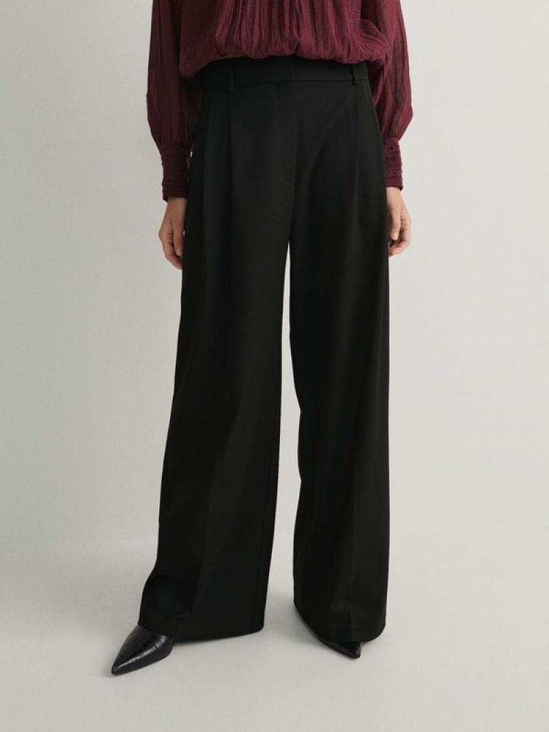 Black Reserved Wide Leg Women's Trousers | JMXC-39264