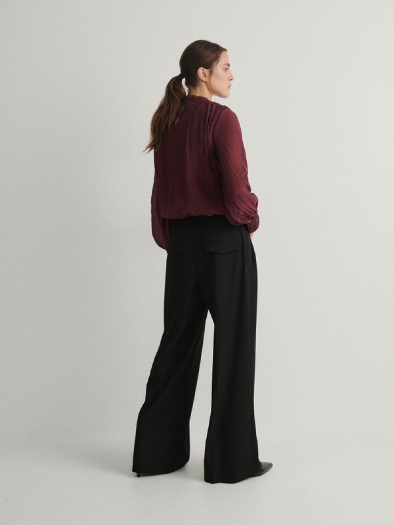 Black Reserved Wide Leg Women's Trousers | JMXC-39264