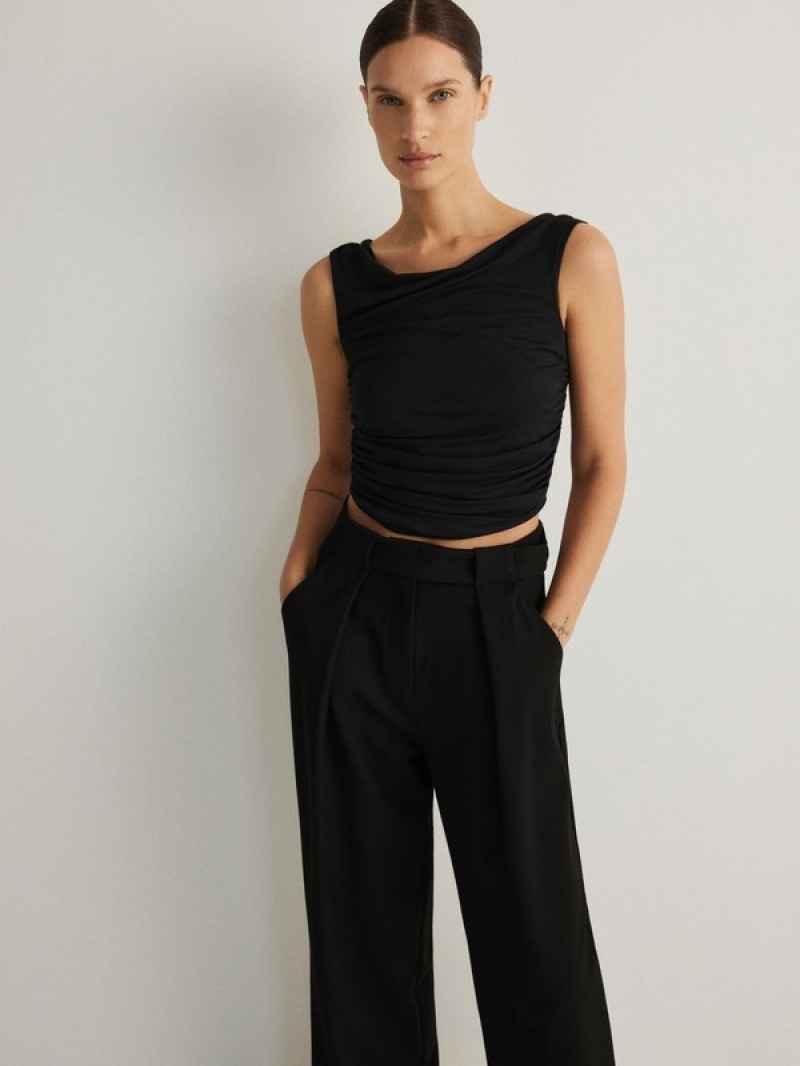 Black Reserved Wide Legviscose Blend Women's Trousers | UXBH-34195