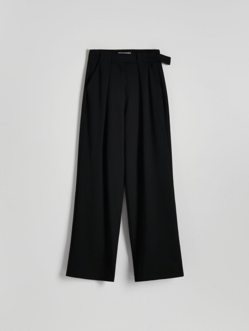 Black Reserved Wide Legviscose Blend Women's Trousers | UXBH-34195