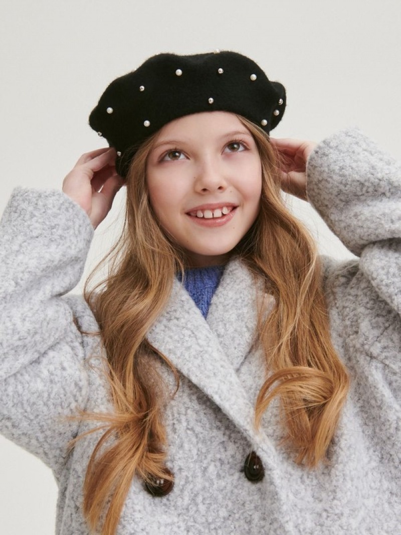 Black Reserved Wool Rich Beretpearl Detailing Girls\' Beanie | XKND-72183