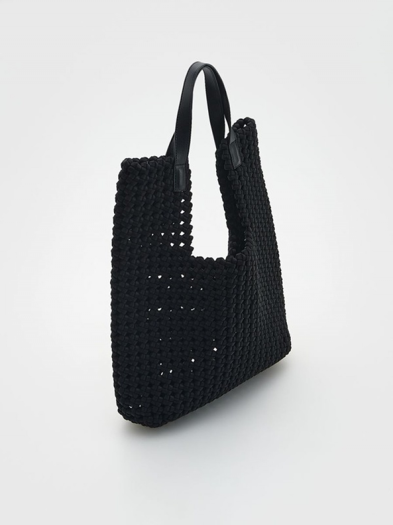 Black Reserved Woven Shopper Women's Bags | UBVM-78642