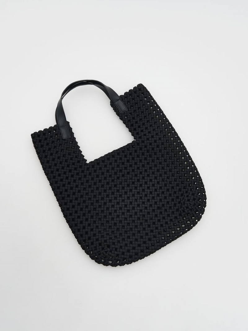 Black Reserved Woven Shopper Women's Bags | UBVM-78642