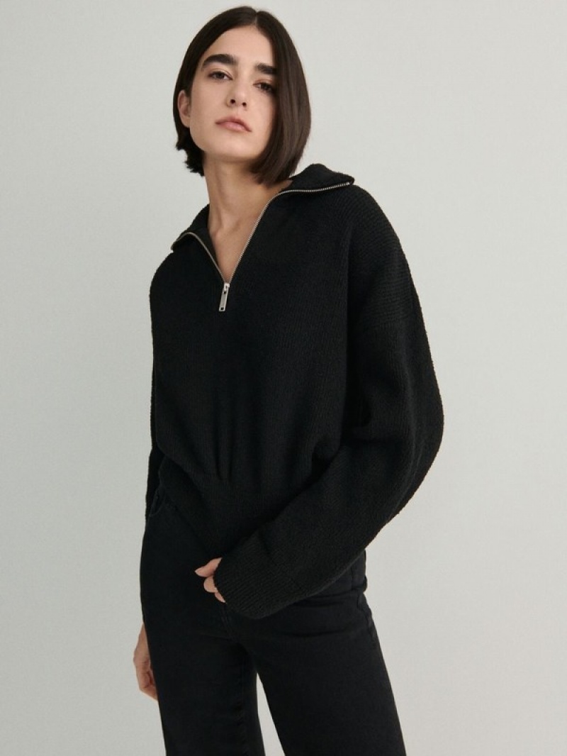 Black Reserved Zipped Turtle-neck Women's Sweaters | HMVF-63892