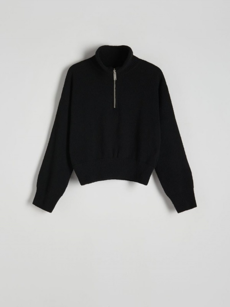 Black Reserved Zipped Turtle-neck Women's Sweaters | HMVF-63892