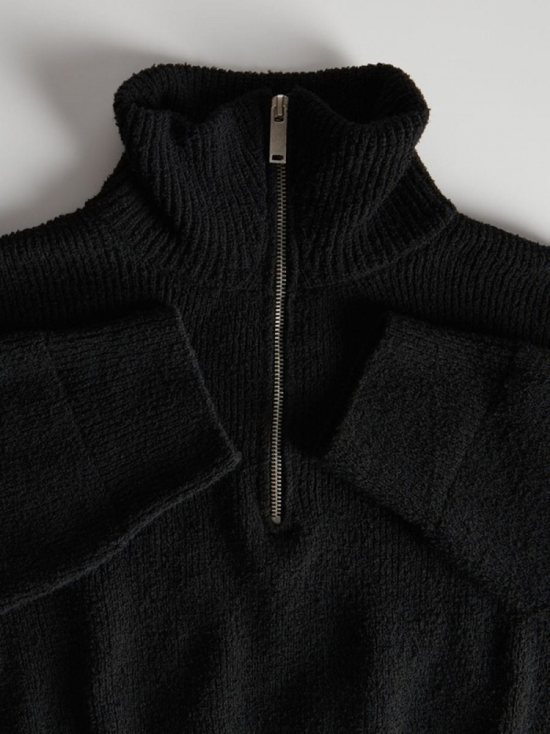 Black Reserved Zipped Turtle-neck Women's Sweaters | HMVF-63892