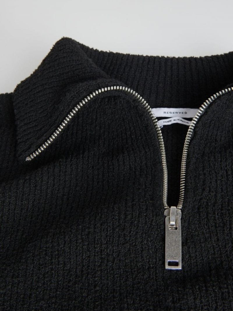 Black Reserved Zipped Turtle-neck Women's Sweaters | HMVF-63892