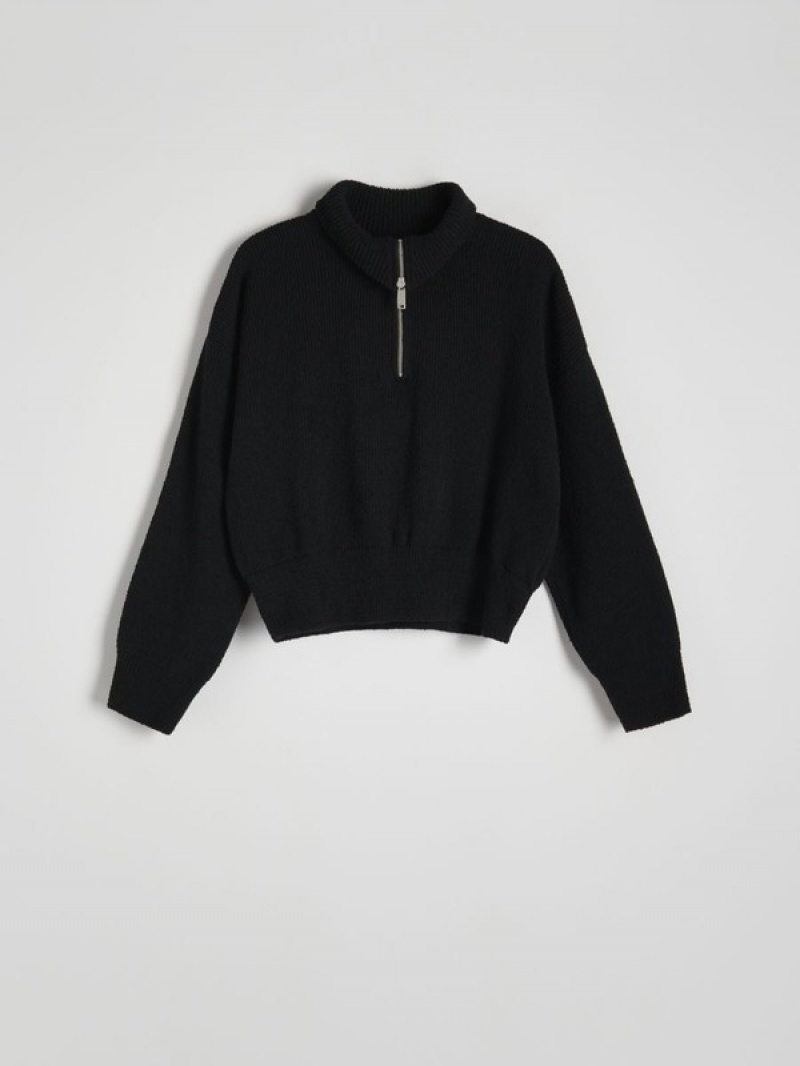 Black Reserved Zipped Turtle-neck Women's Sweaters | HMVF-63892