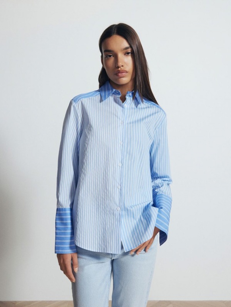 Blue Reserved Contrast Panel Women's Shirts | SHUT-57631