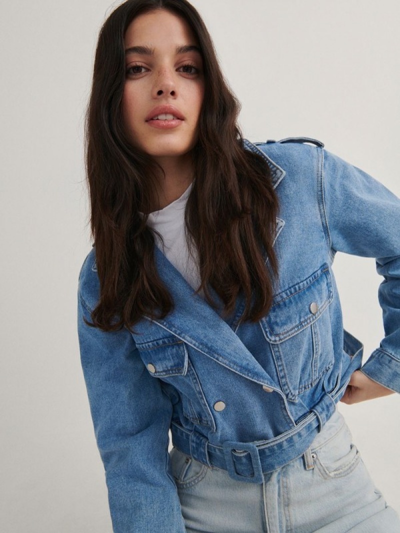 Blue Reserved Cropped Denim With Women's Jackets | VZDU-34671