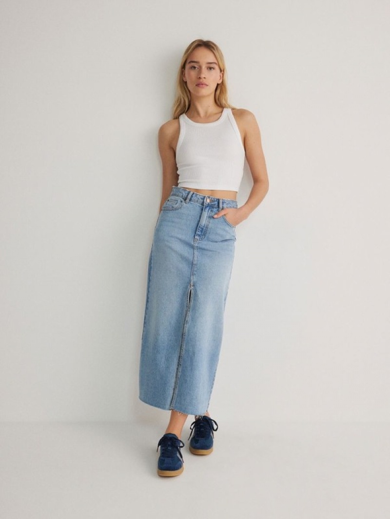 Blue Reserved Denim Midi Women's Skirts | DLRV-65982