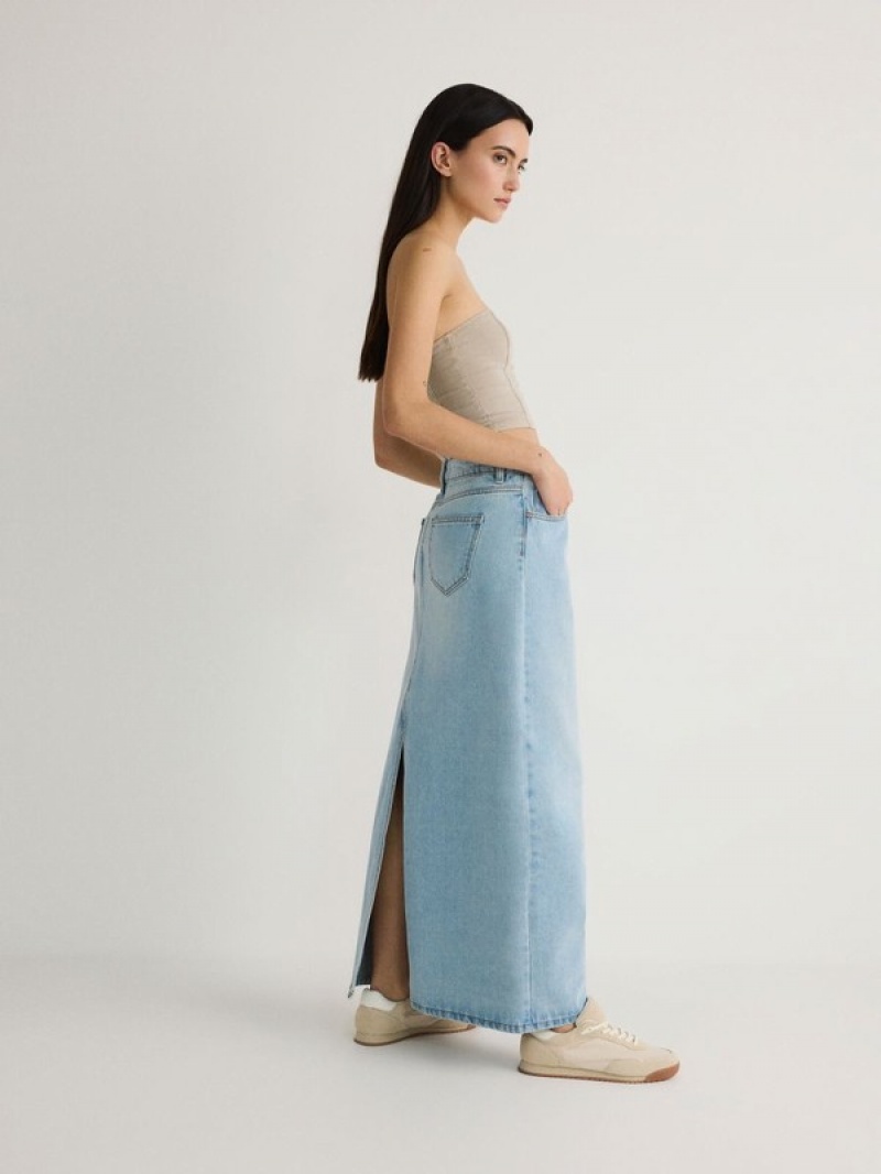 Blue Reserved Denim Midi Women's Skirts | UZIT-53140