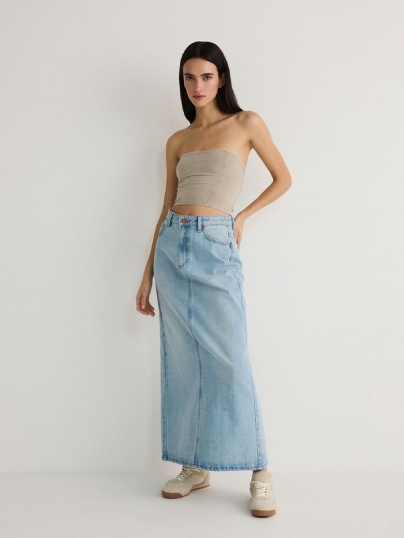 Blue Reserved Denim Midi Women\'s Skirts | UZIT-53140