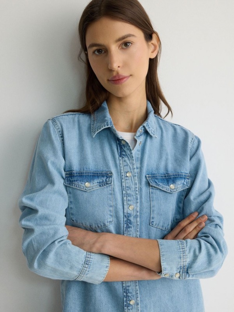 Blue Reserved Denim Women's Shirts | SZGI-90324