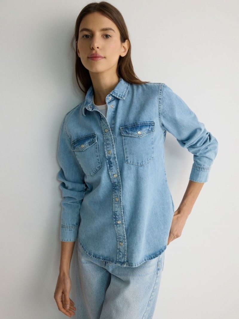 Blue Reserved Denim Women's Shirts | SZGI-90324