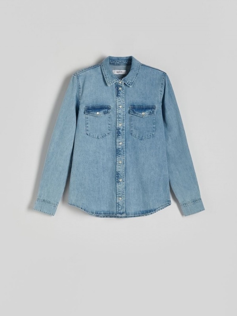 Blue Reserved Denim Women's Shirts | SZGI-90324