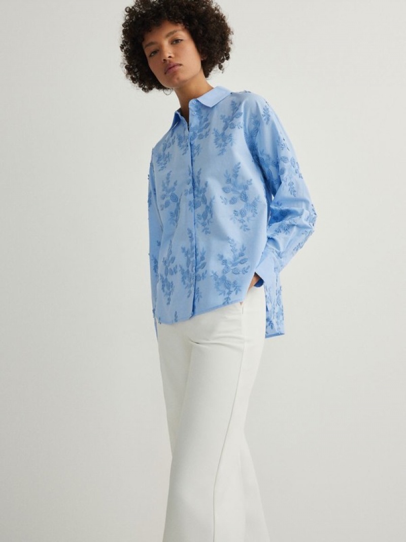 Blue Reserved Embroidery Women's Shirts | NOQF-85362