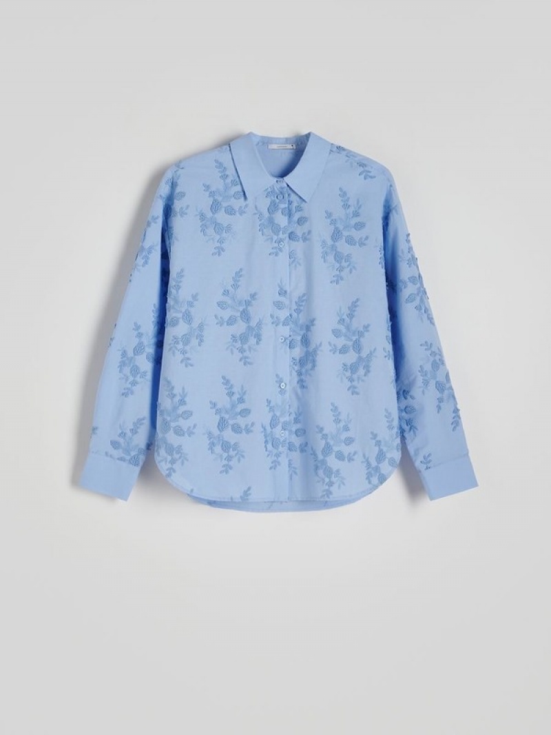 Blue Reserved Embroidery Women's Shirts | NOQF-85362