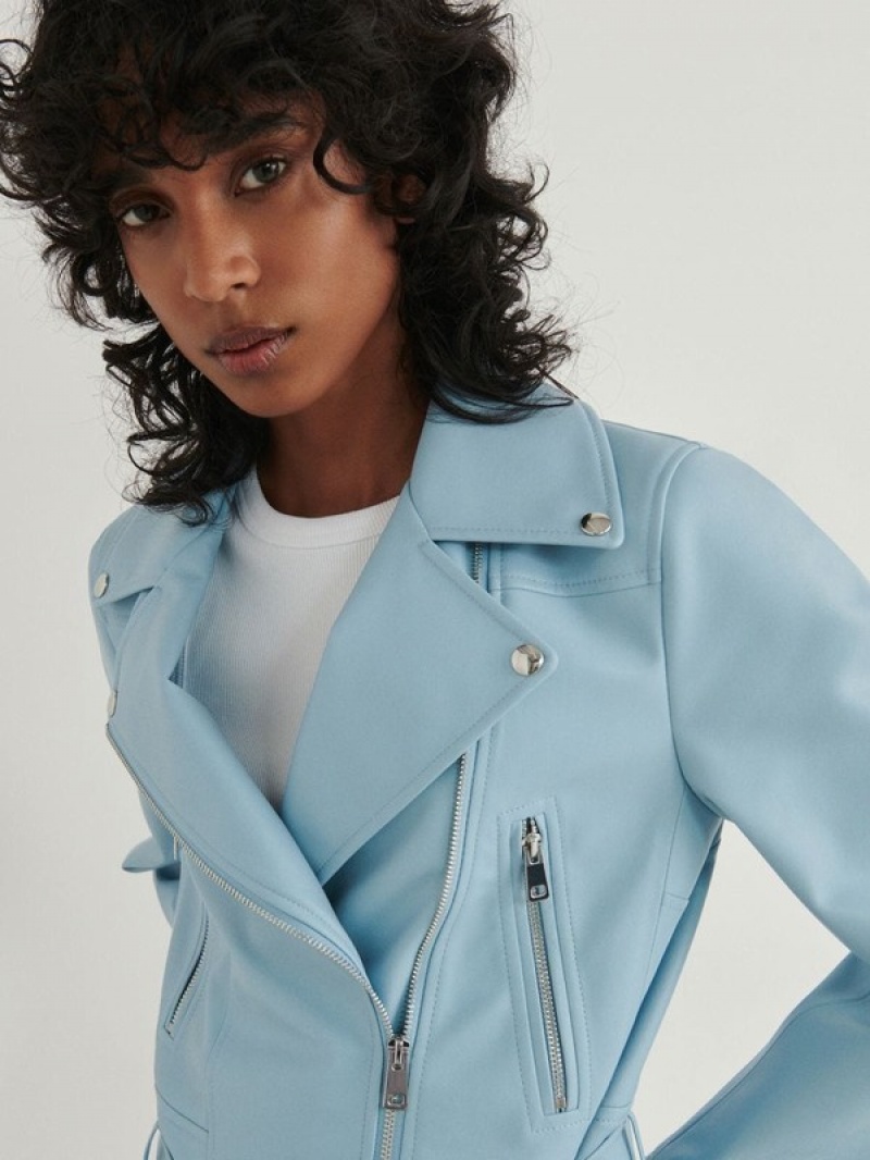 Blue Reserved Faux Leather Biker Women's Jackets | CENZ-58642