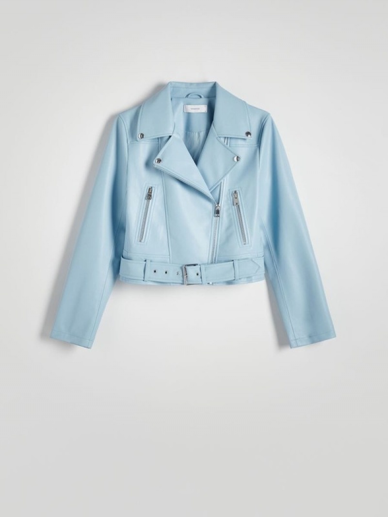 Blue Reserved Faux Leather Biker Women's Jackets | CENZ-58642