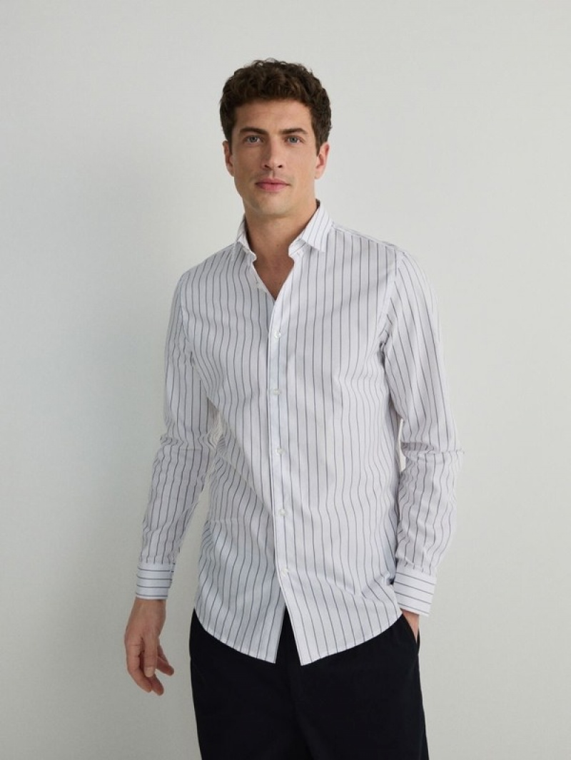 Blue Reserved Striped Slim Fit Men's Shirts | YQXG-16854