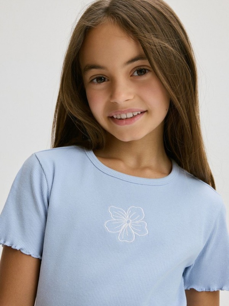 Blue Reserved T-embroidery Detailing Girls' T-shirts | QVZW-06194