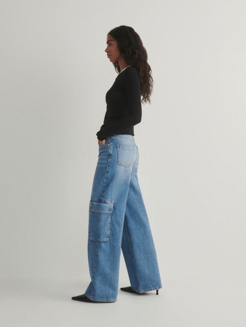 Blue Reserved Wide Legcargo Pockets Women's Jeans | SROB-48923