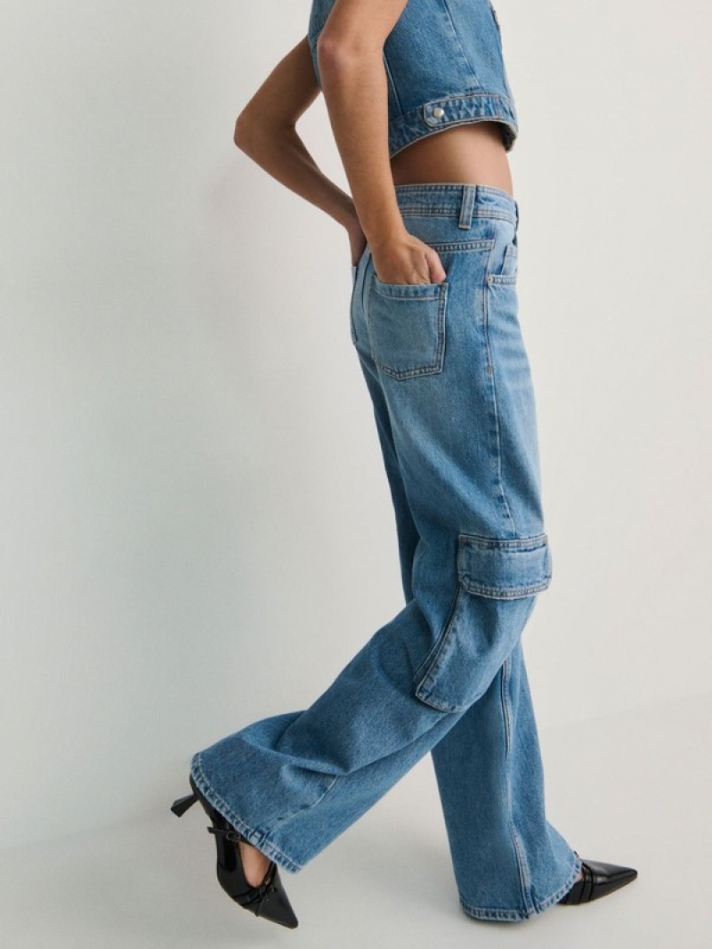 Blue Reserved Wide Legcargo Pockets Women's Jeans | SROB-48923