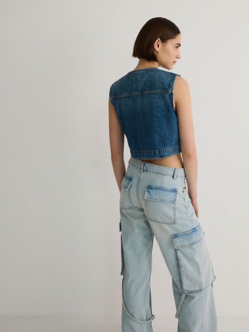 Blue Reserved Wide Legcargo Pockets Women's Jeans | SBPM-02149