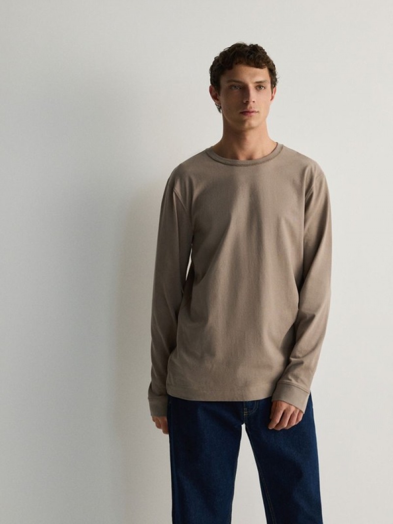 Brown Reserved Cotton Long Sleeve Men's T-shirts | AEKW-79082