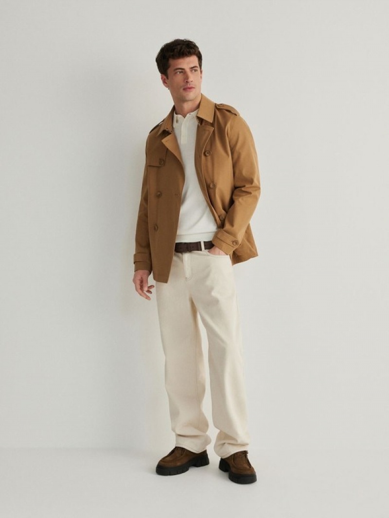 Brown Reserved Double-breasted Trench Men's Coats | QUGR-93578