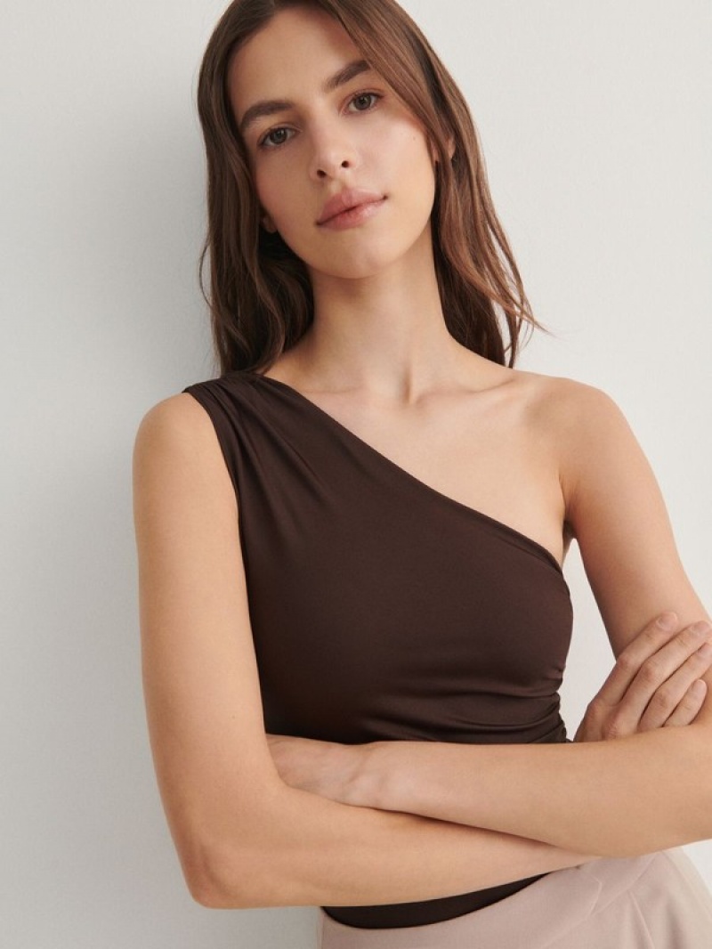 Brown Reserved Drape Body Women's T-shirts | MJLV-42703