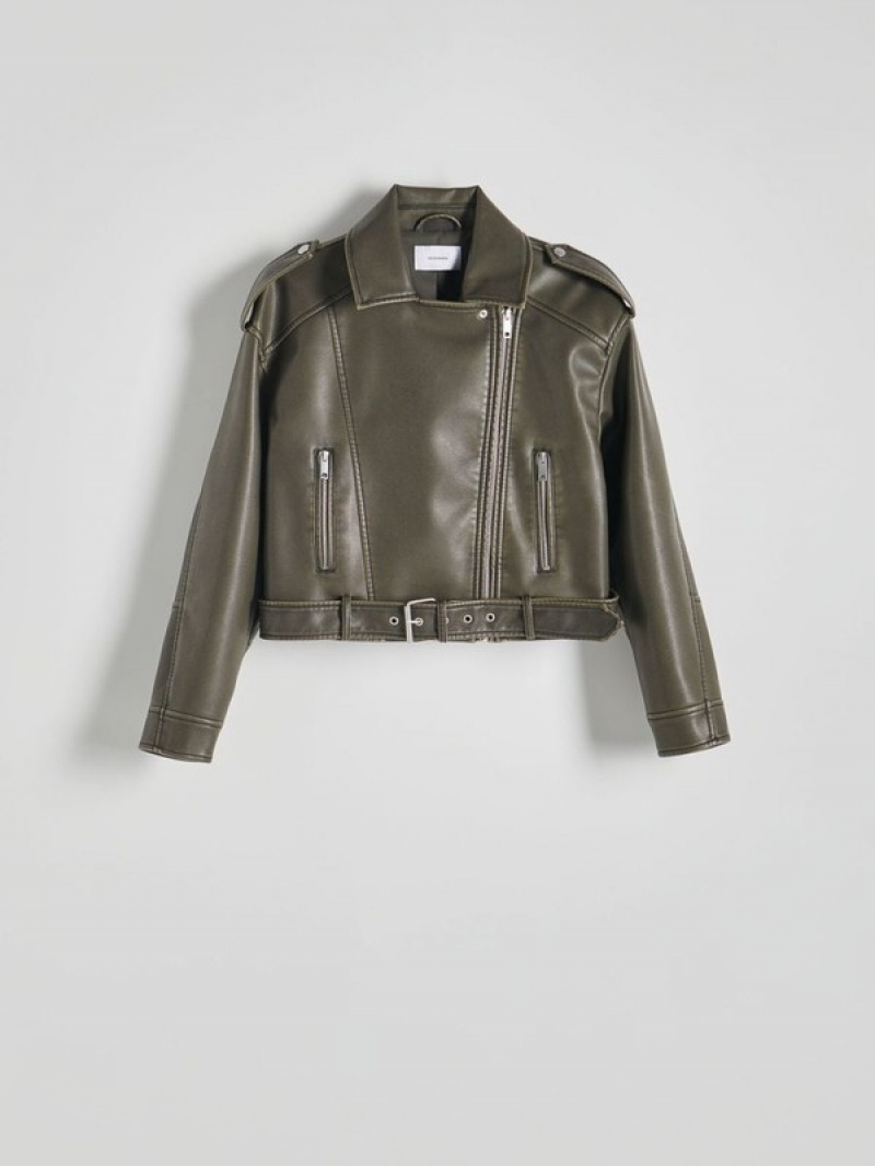 Brown Reserved Faux Leather Biker Women's Jackets | PJEG-13896