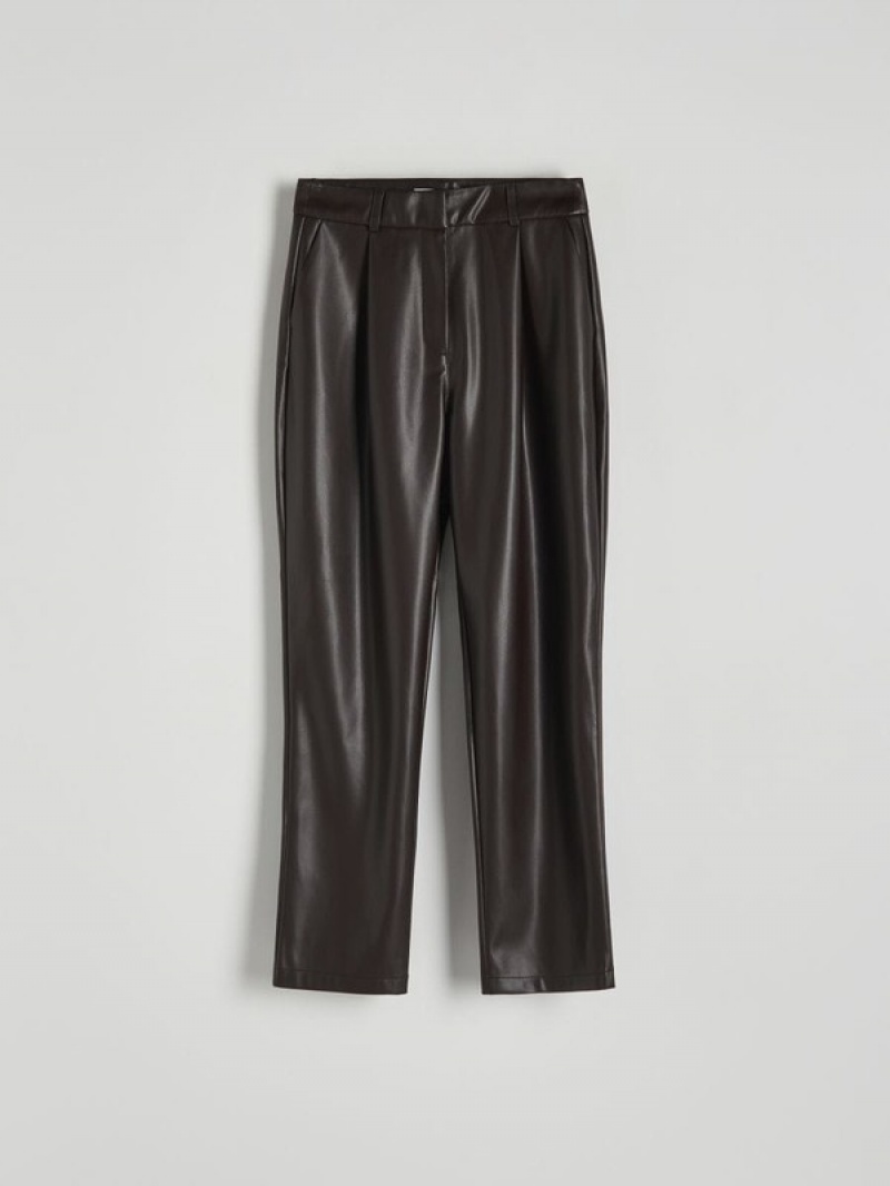 Brown Reserved Faux Leather Loose Women's Trousers | LORU-80542