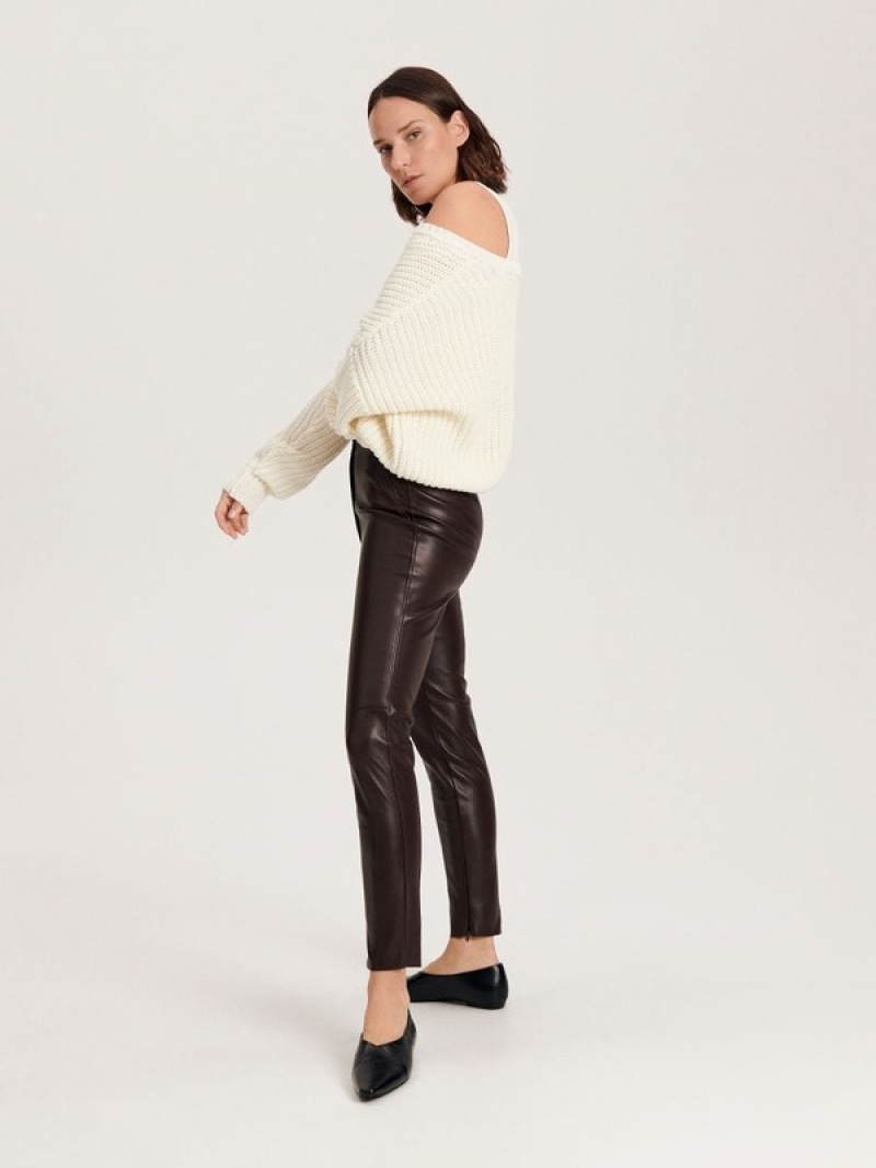 Brown Reserved Faux Leather Women's Trousers | DVWC-35926