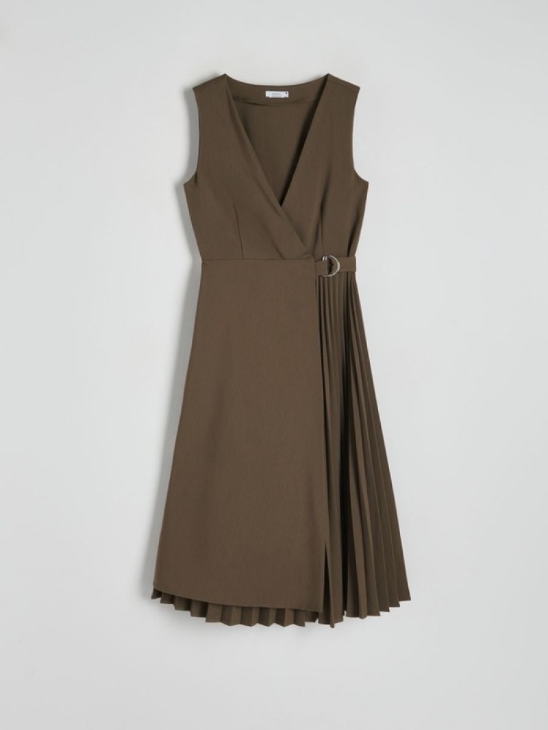 Brown Reserved Midipleats Women's Dress | UOXH-59041