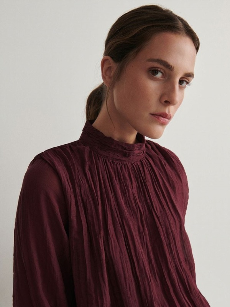 Burgundy Reserved Topdecorative Gathering Women's Shirts | FRKI-41256