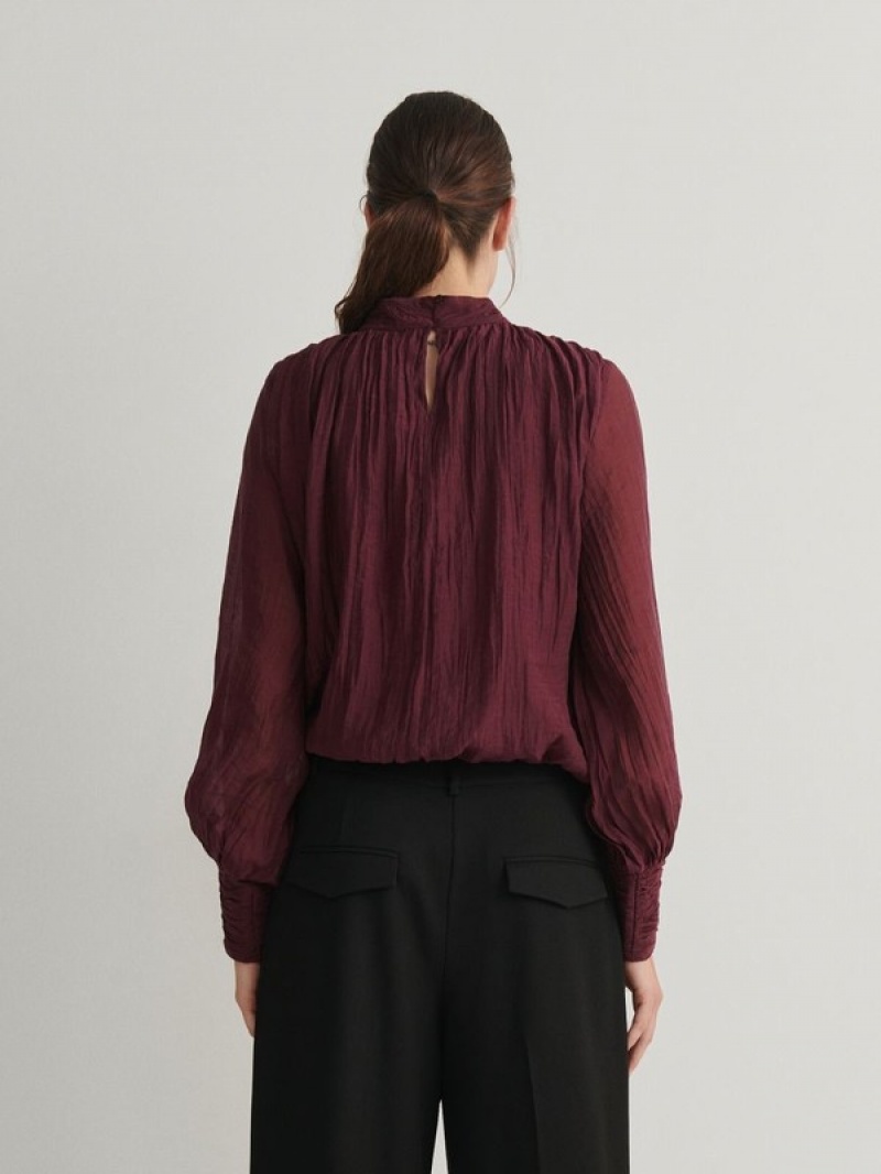 Burgundy Reserved Topdecorative Gathering Women's Shirts | FRKI-41256