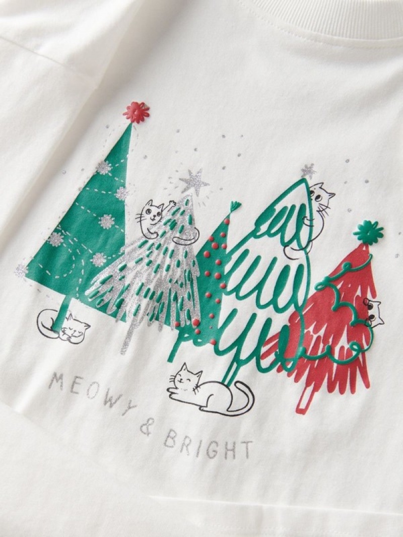 Cream Reserved Christmas T-print Girls' T-shirts | ODPT-30146