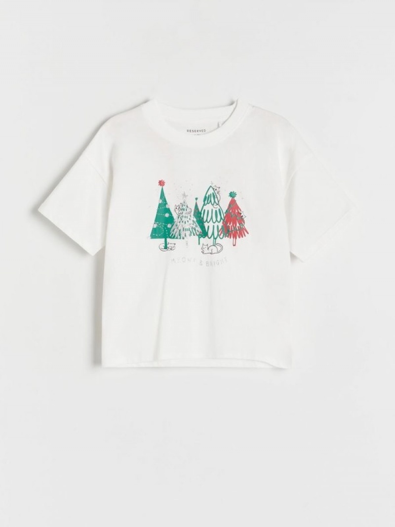 Cream Reserved Christmas T-print Girls\' T-shirts | ODPT-30146