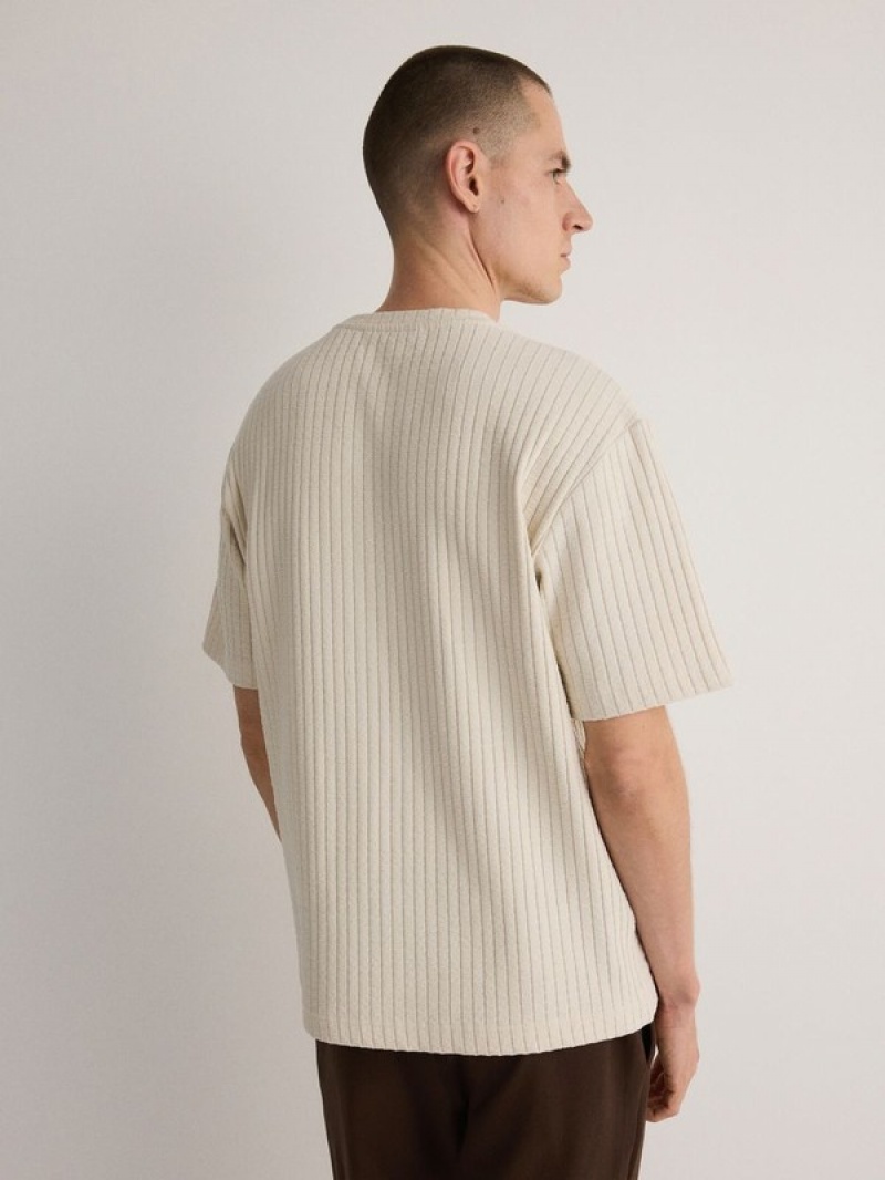 Cream Reserved Comfort Fit Rib Knit Men's T-shirts | CEFV-86037