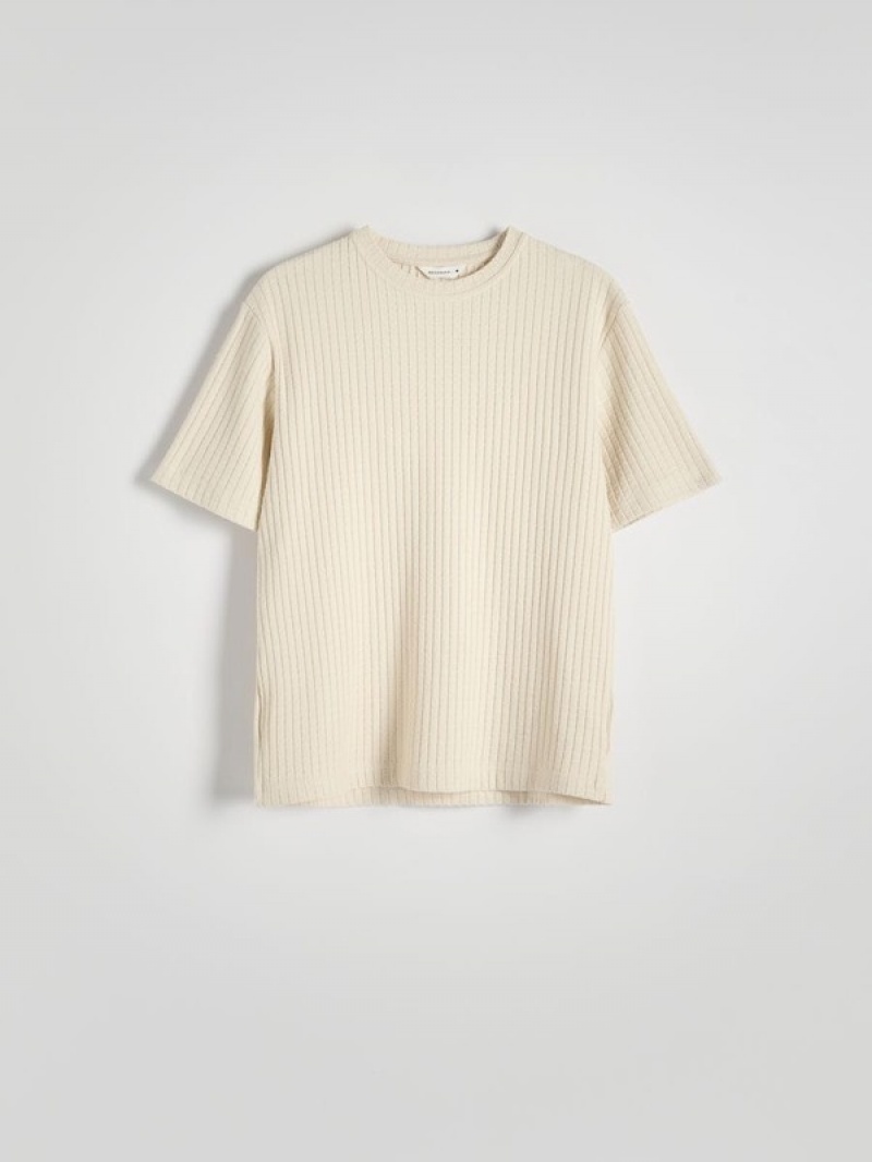 Cream Reserved Comfort Fit Rib Knit Men's T-shirts | CEFV-86037