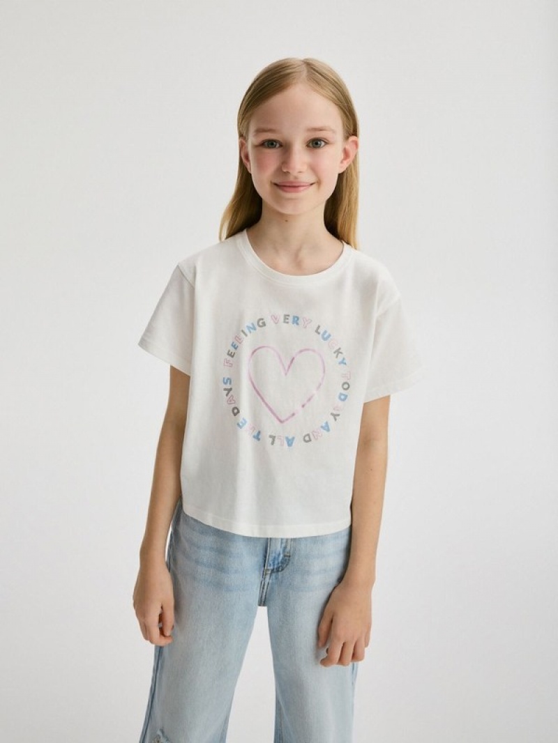 Cream Reserved Cotton T-print Girls' T-shirts | ILNH-90856