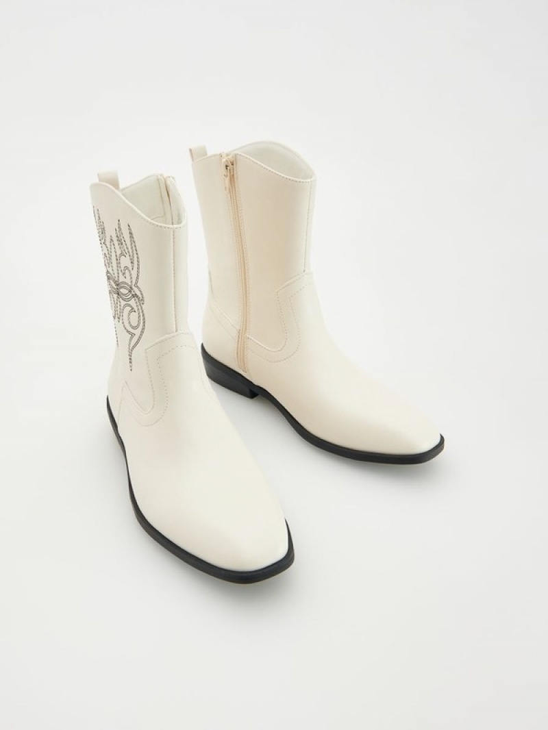 Cream Reserved Cowboy Bootsembroidery Detailing Girls' Shoes | SUCE-24186