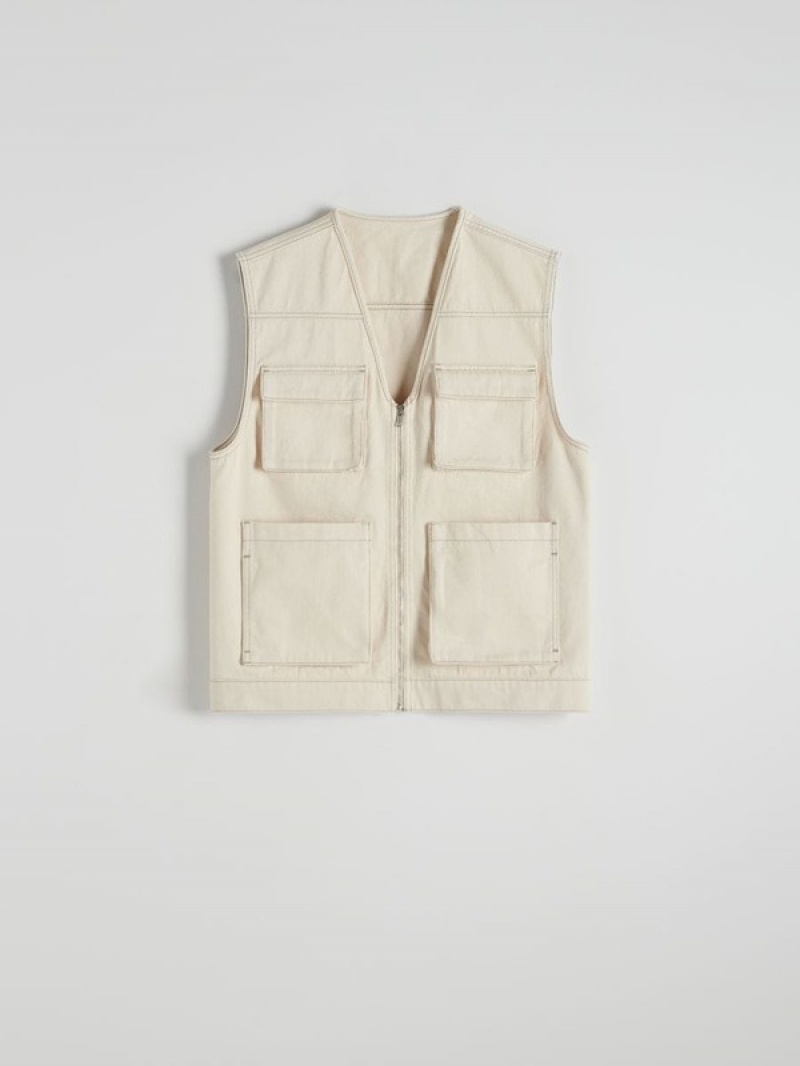 Cream Reserved Denim Men's Vests | HTKZ-08657