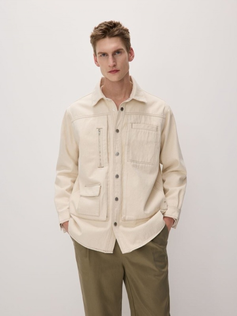 Cream Reserved Denim Shacket Men's Jackets | AYNS-69285