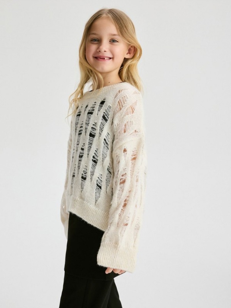 Cream Reserved Distressed Girls' Sweaters | GZST-96073