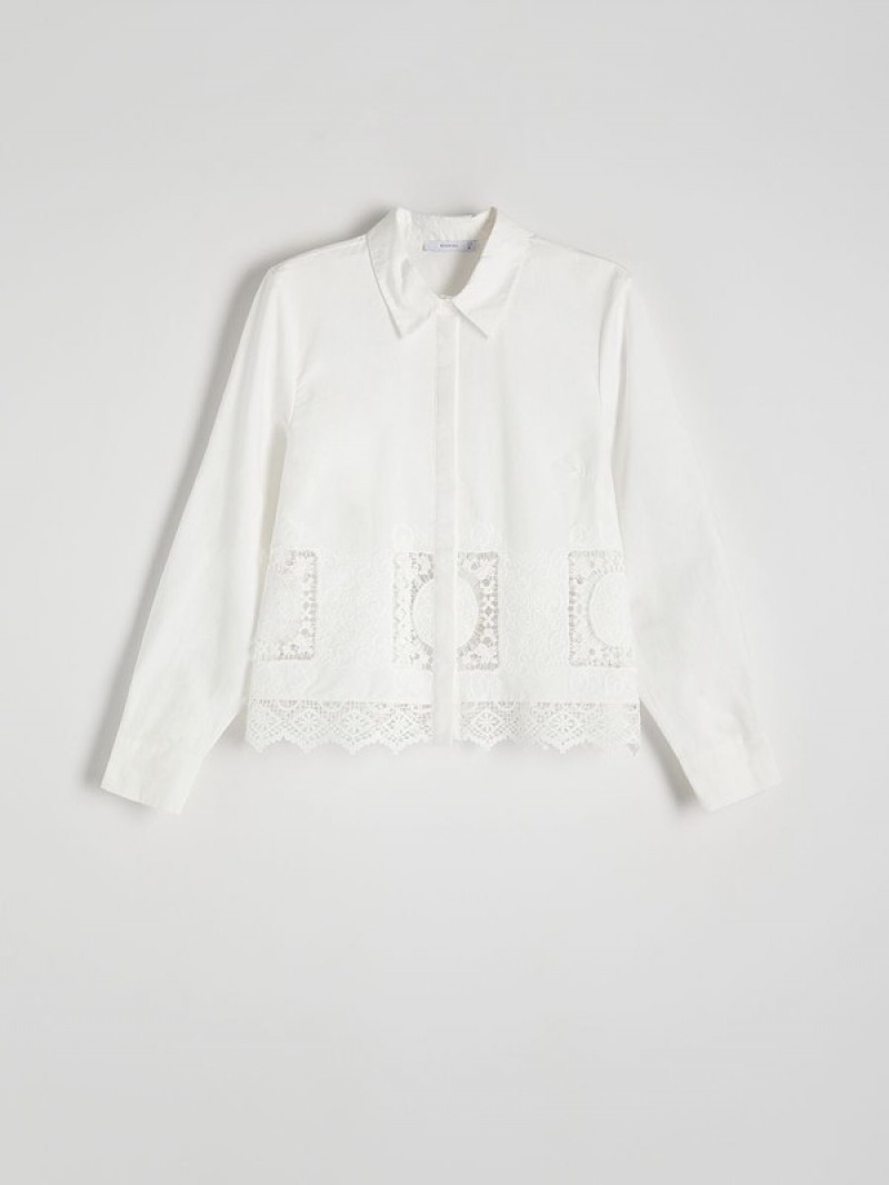 Cream Reserved Embroidered Cotton Women's Shirts | WTDA-12048